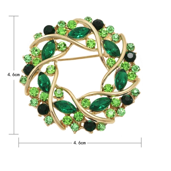Rhinestone Green Wreath Brooch Pin Gold Tone - Picture 3 of 4